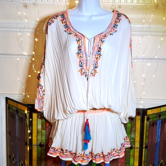 Altar'd State - Embroidered Ivory Boho Style Blouse w/ Cinched Waist, Size Large - Picture 1 of 5